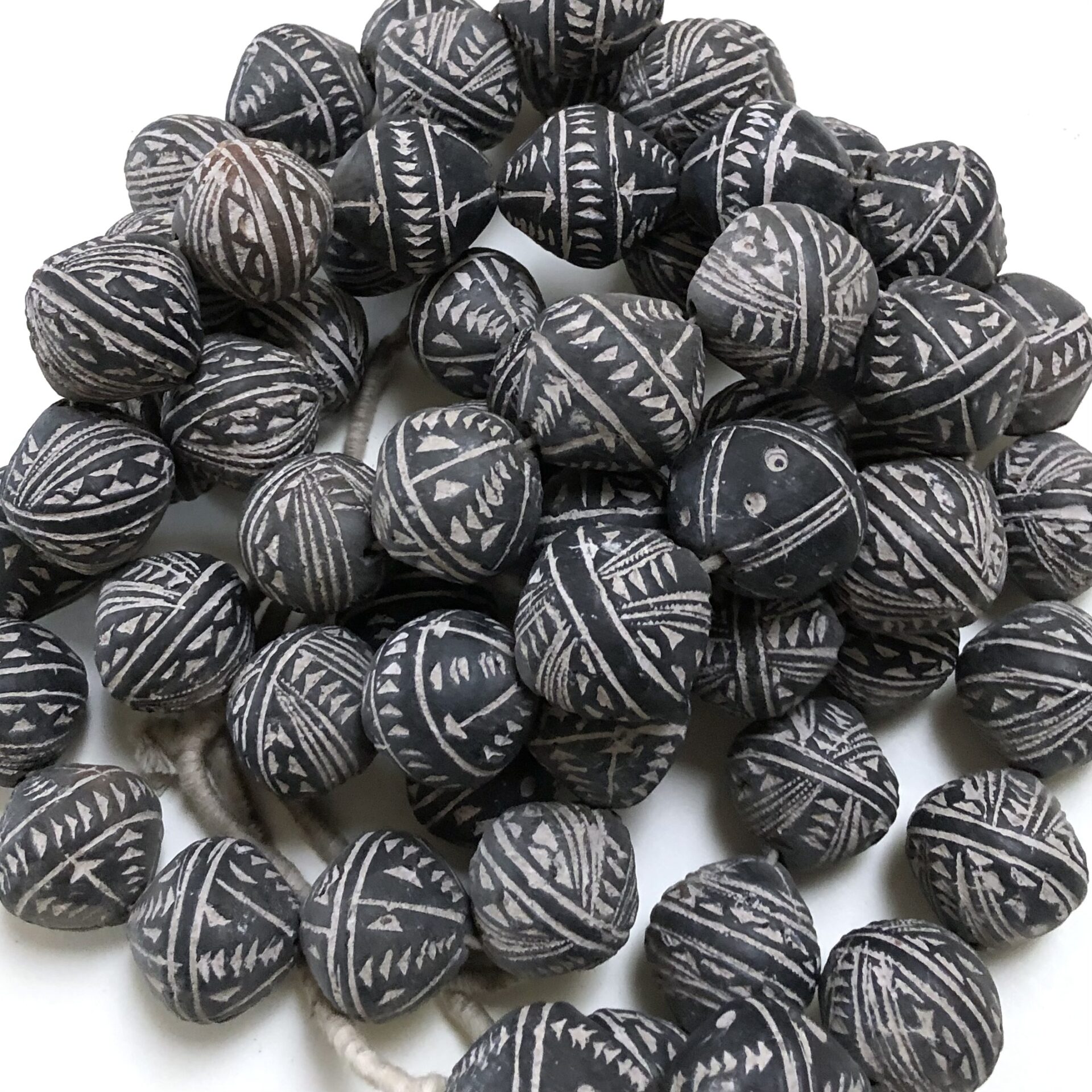 Thebeadchest Tribal Design Bicone Black Mali Clay Beads 20mm African Black and White Large Hole 24 inch Strand Handmade, Adult Unisex