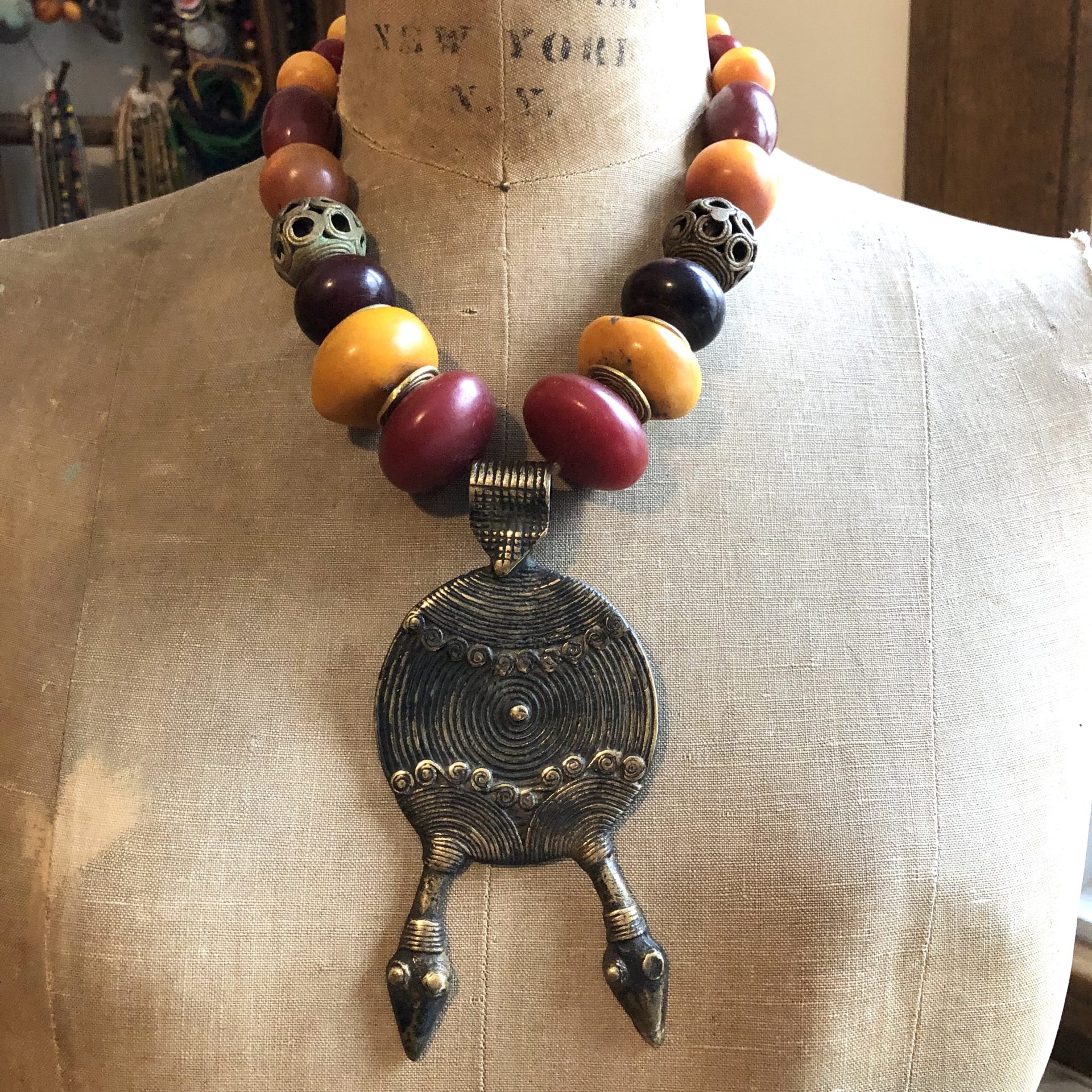 Burkino Faso Pendant with African Amber Beads Necklace